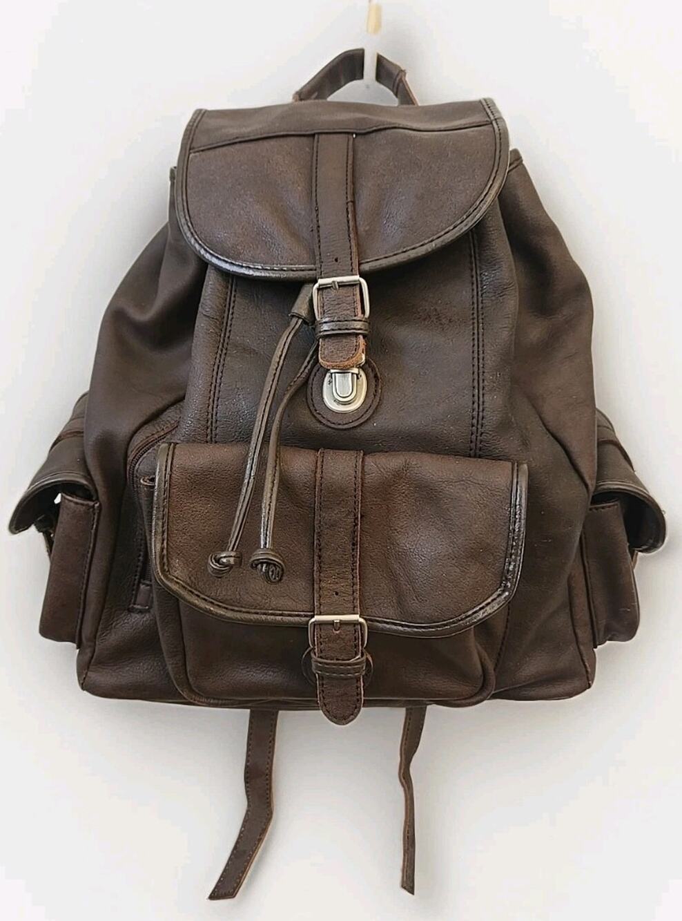 Vintage Leather Backpack Large Cowhide Brown Distressed 3 Pocket Rugged Travel